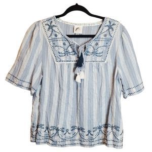 Knox Rose Blue White Striped Embroidered Top Embroidered Tassel Tie Size Large
